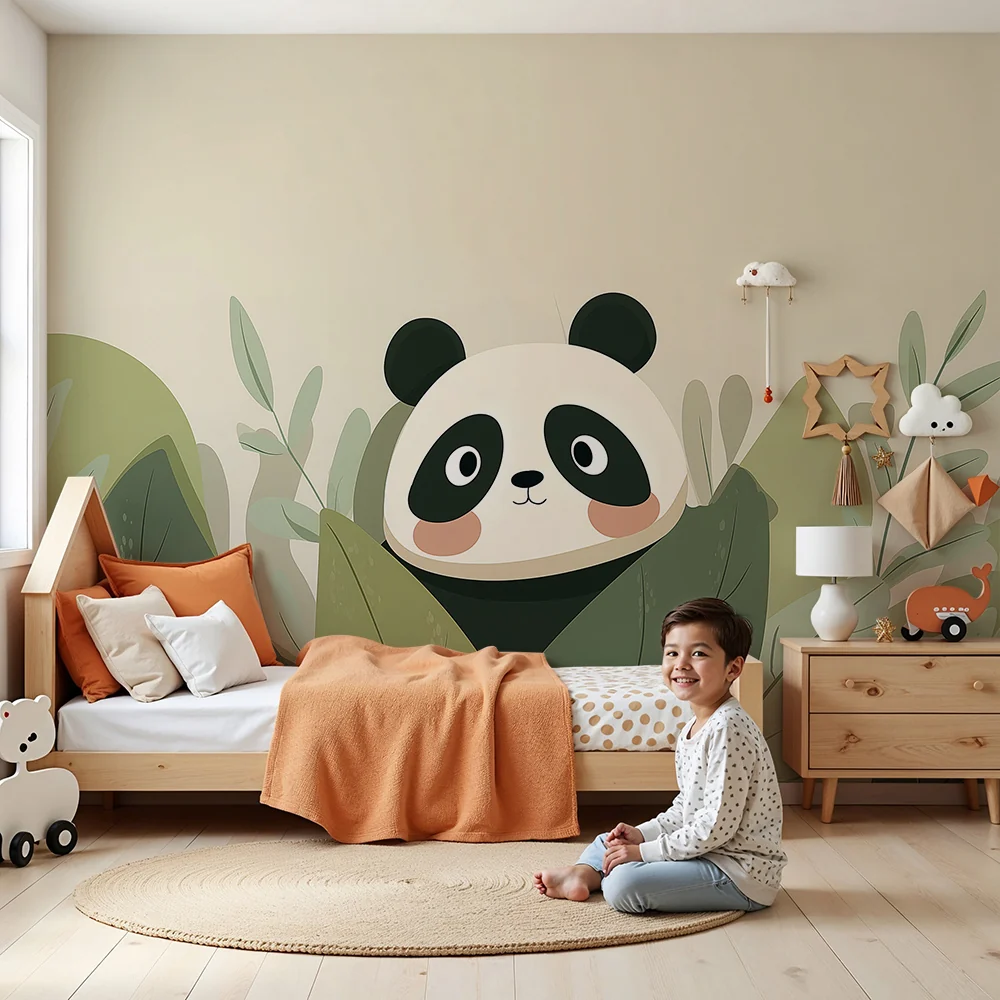 Papier de parede para bebê | Aranyos panda rejtőzik levelek között