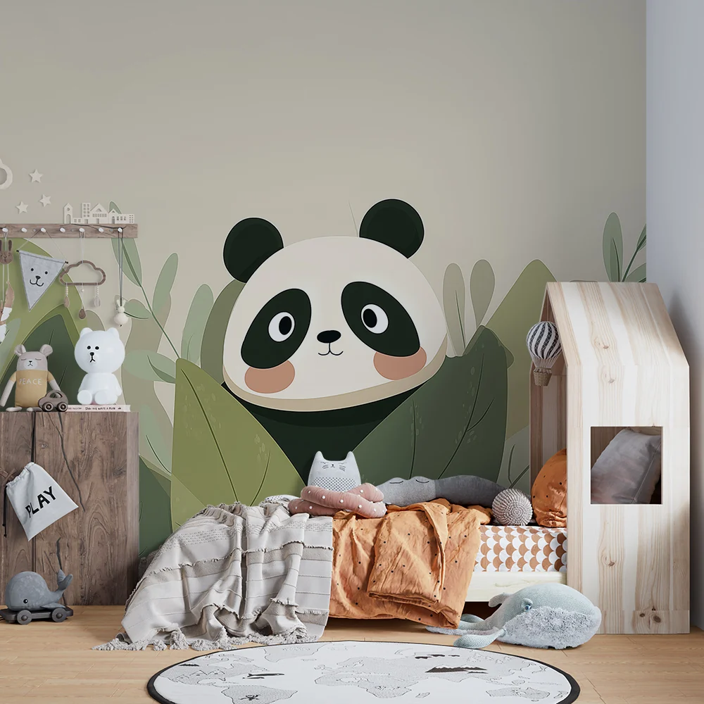 Papier de parede para bebê | Aranyos panda rejtőzik levelek között