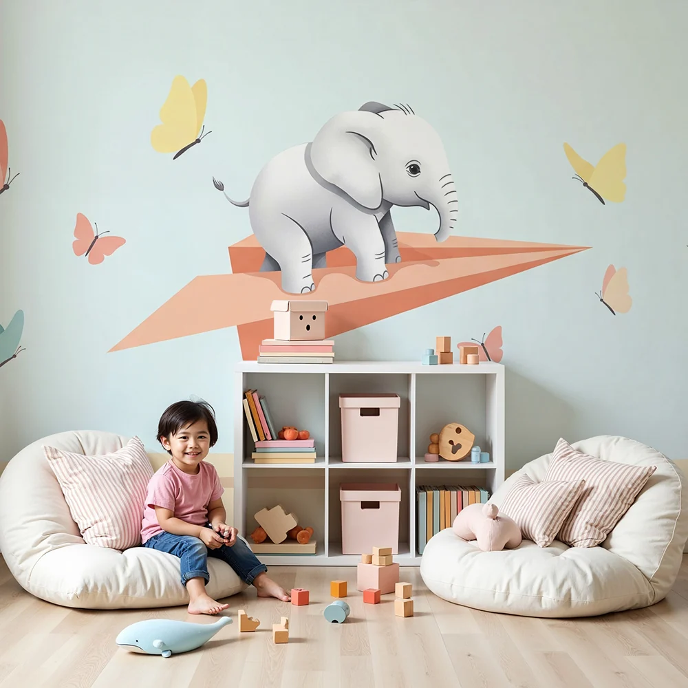Papier de parede para bebê | Elefánt repülő papíron pillangókkal