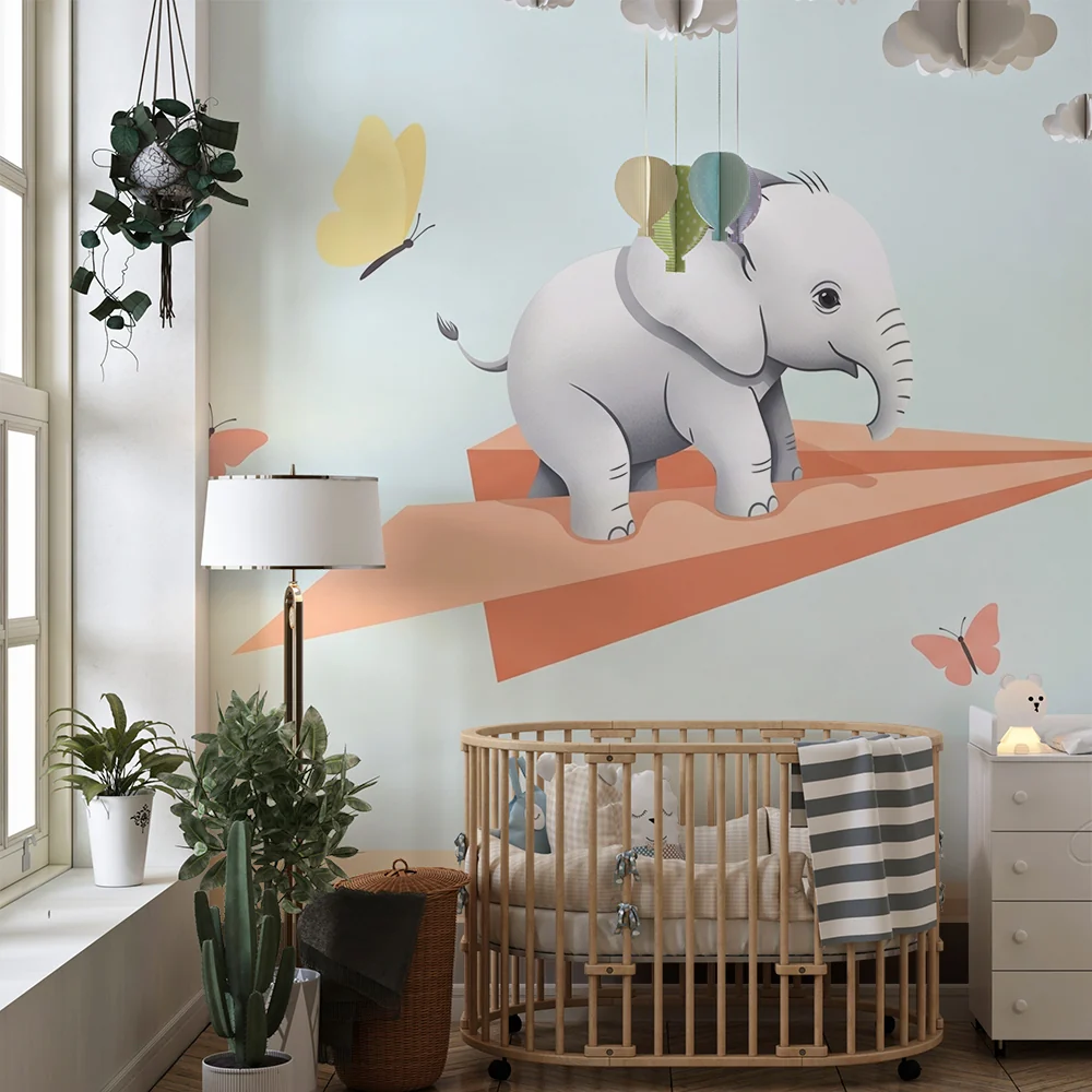 Papier de parede para bebê | Elefánt repülő papíron pillangókkal