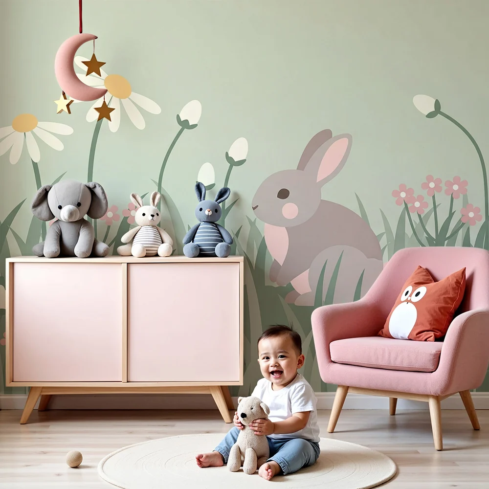 Papier de parede quarto bebê | Aranyos nyúl pasztell virágmezőben