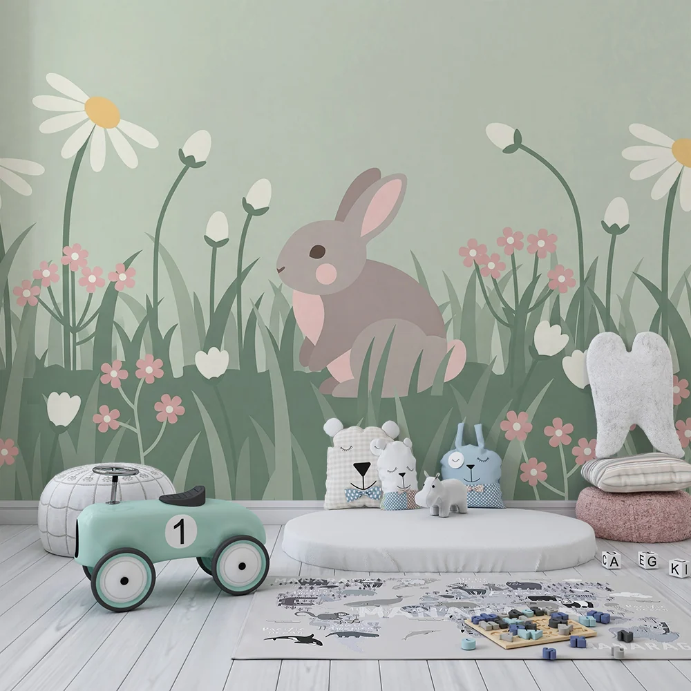 Papier de parede quarto bebê | Aranyos nyúl pasztell virágmezőben