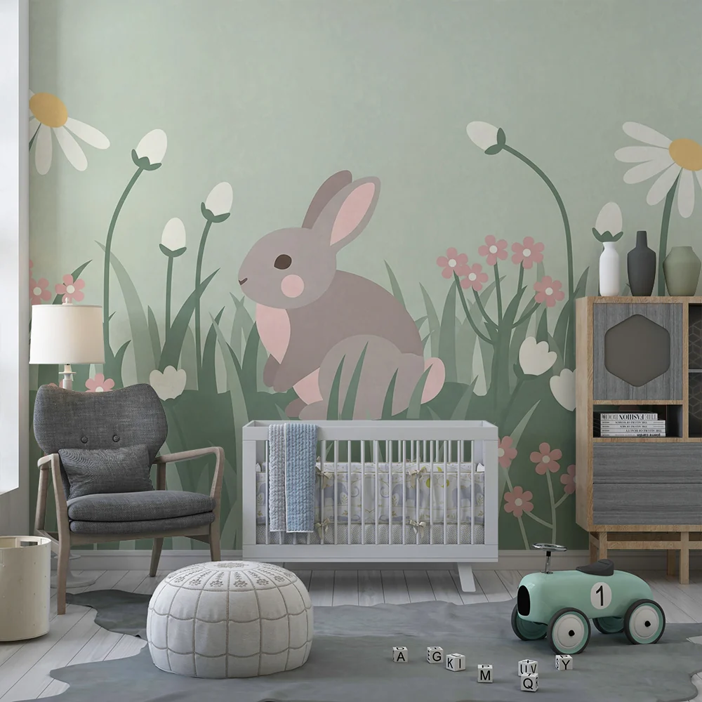 Papier de parede quarto bebê | Aranyos nyúl pasztell virágmezőben