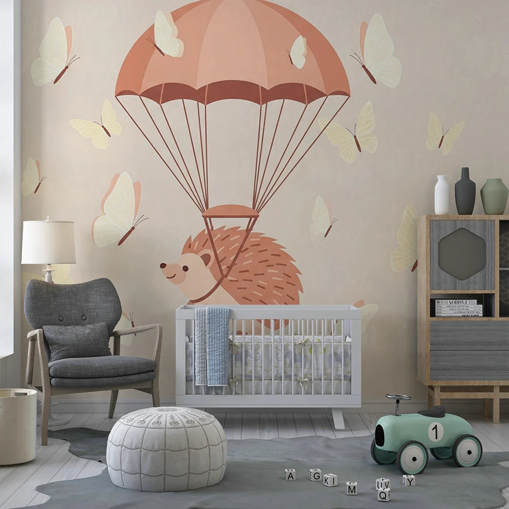 Papier de parede quarto bebê | Aranyos sündisznó ejtőernyővel és pillangókkal