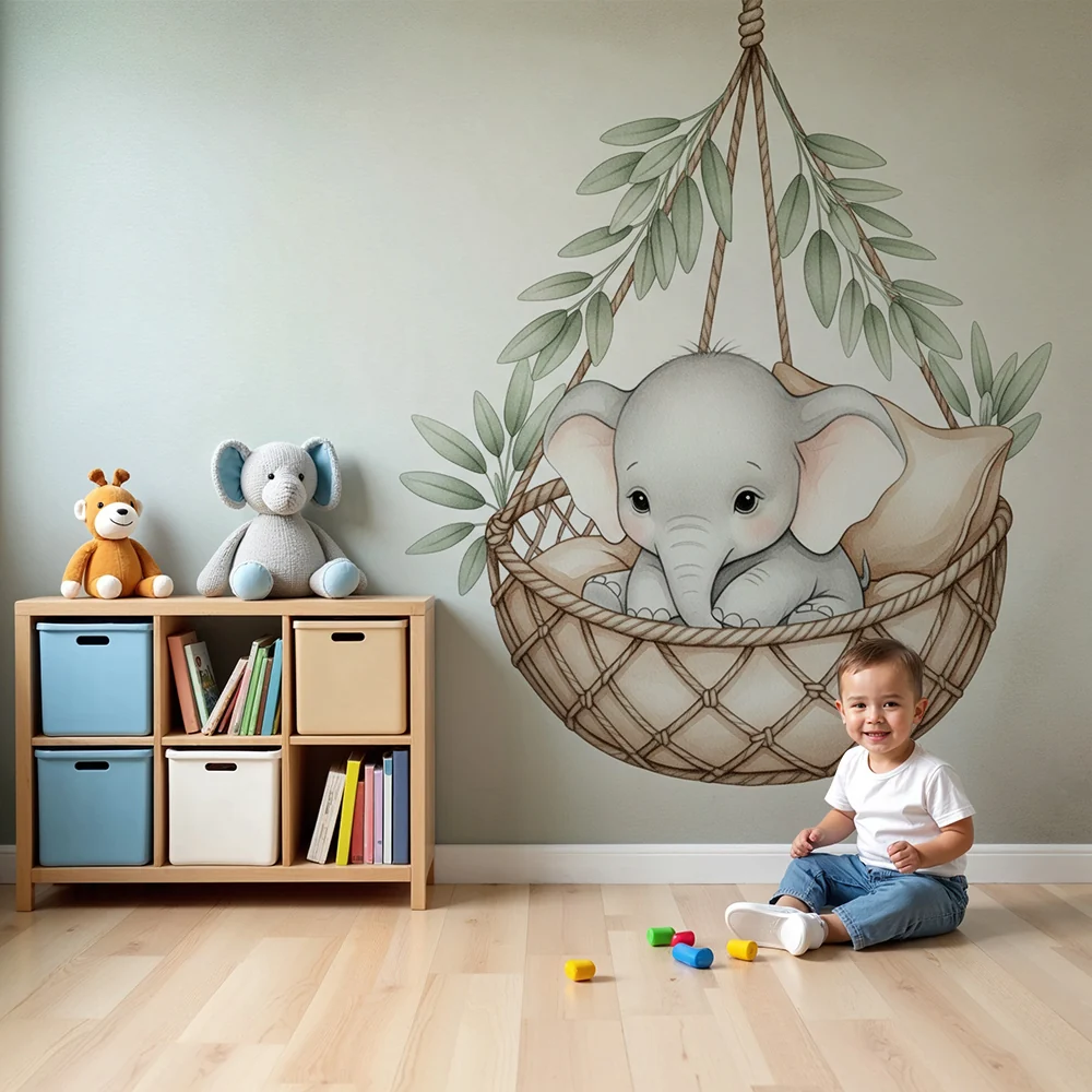 Papier de parede quarto bebê | Elefante em uma cesta suspensa