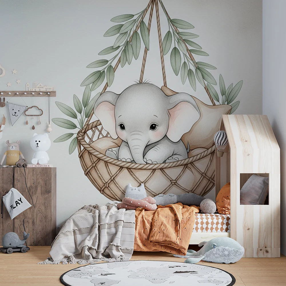 Papier de parede quarto bebê | Elefante em uma cesta suspensa
