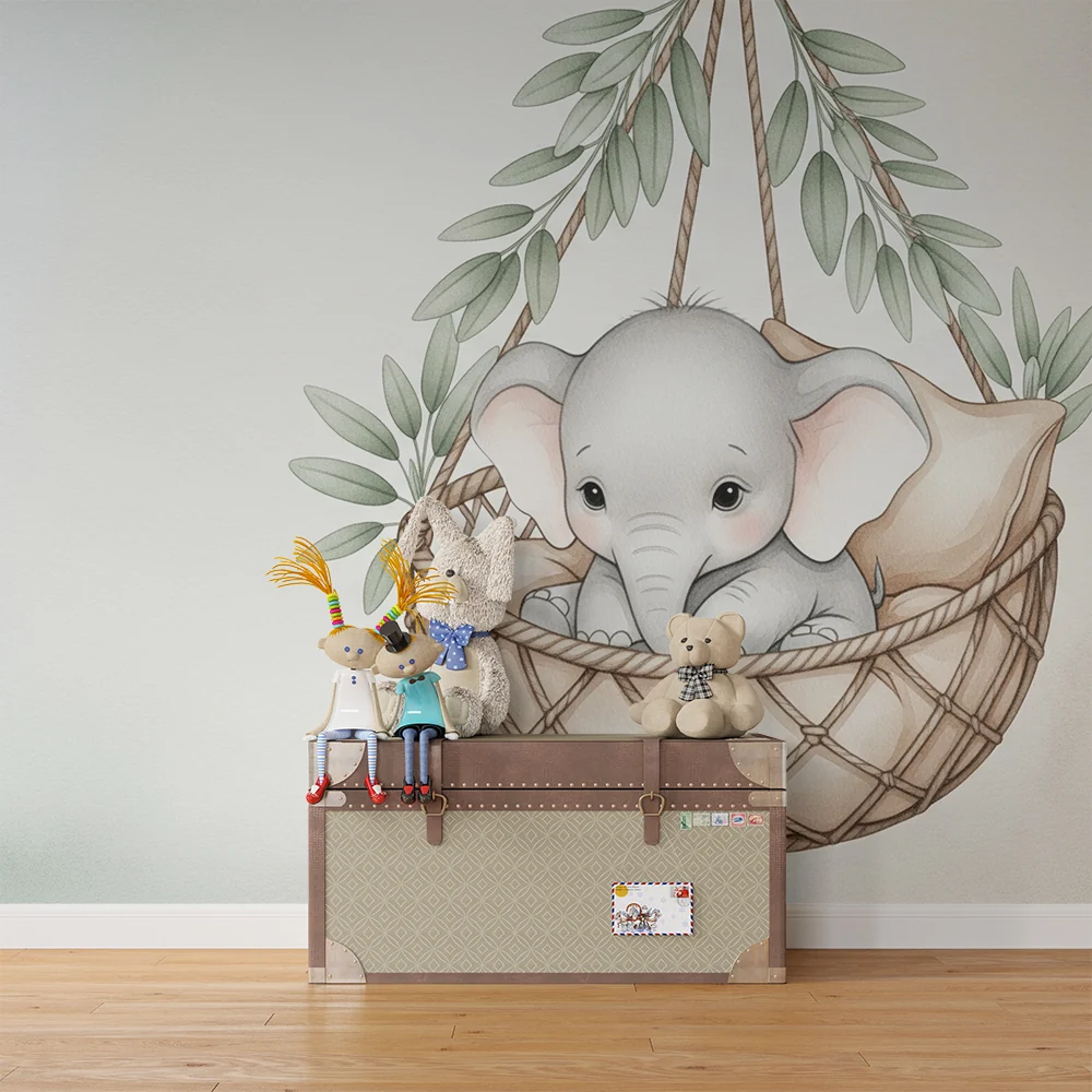 Papier de parede quarto bebê | Elefante em uma cesta suspensa