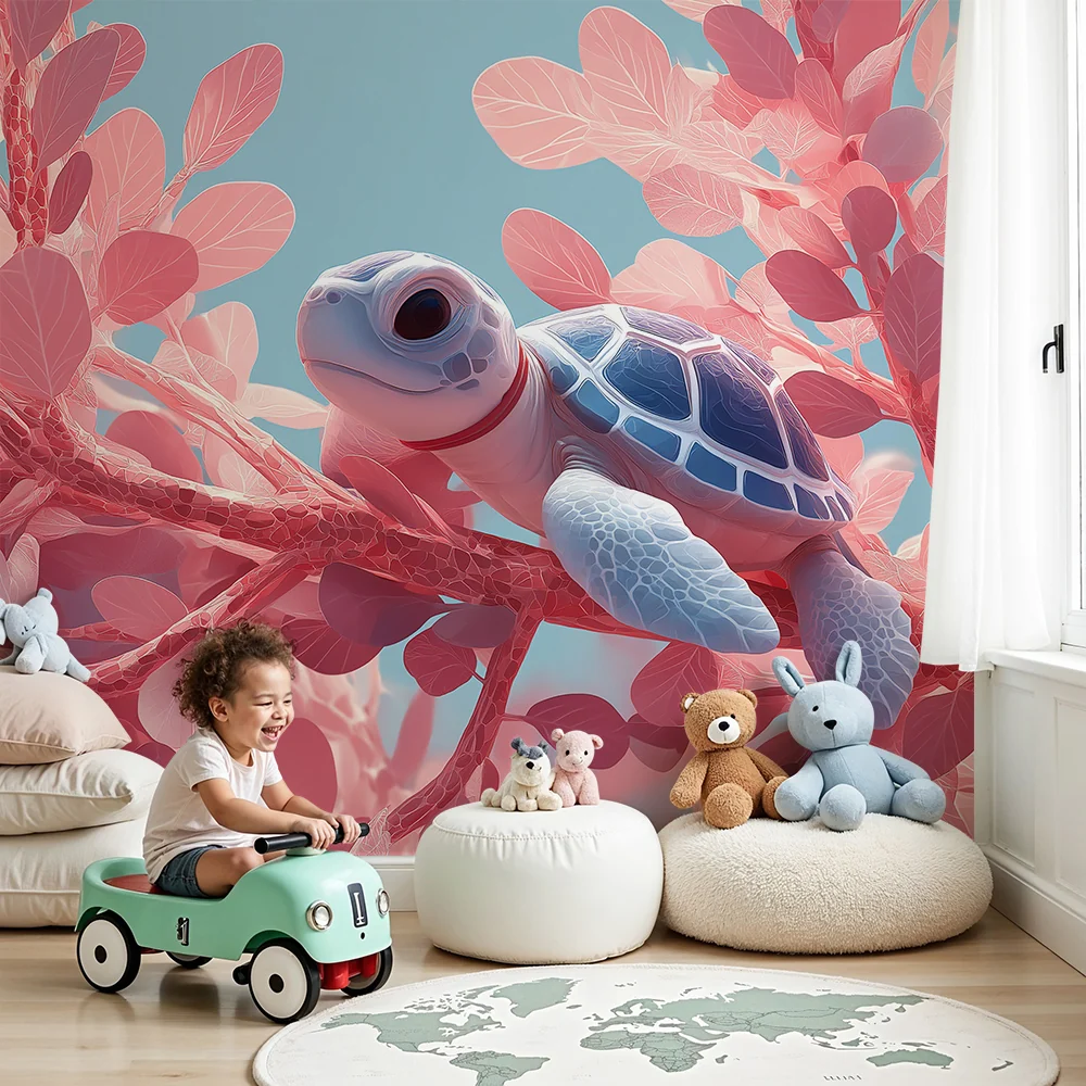 Papier de parede quarto bebê | Kis teknős egy ágon rózsaszín levelekkel