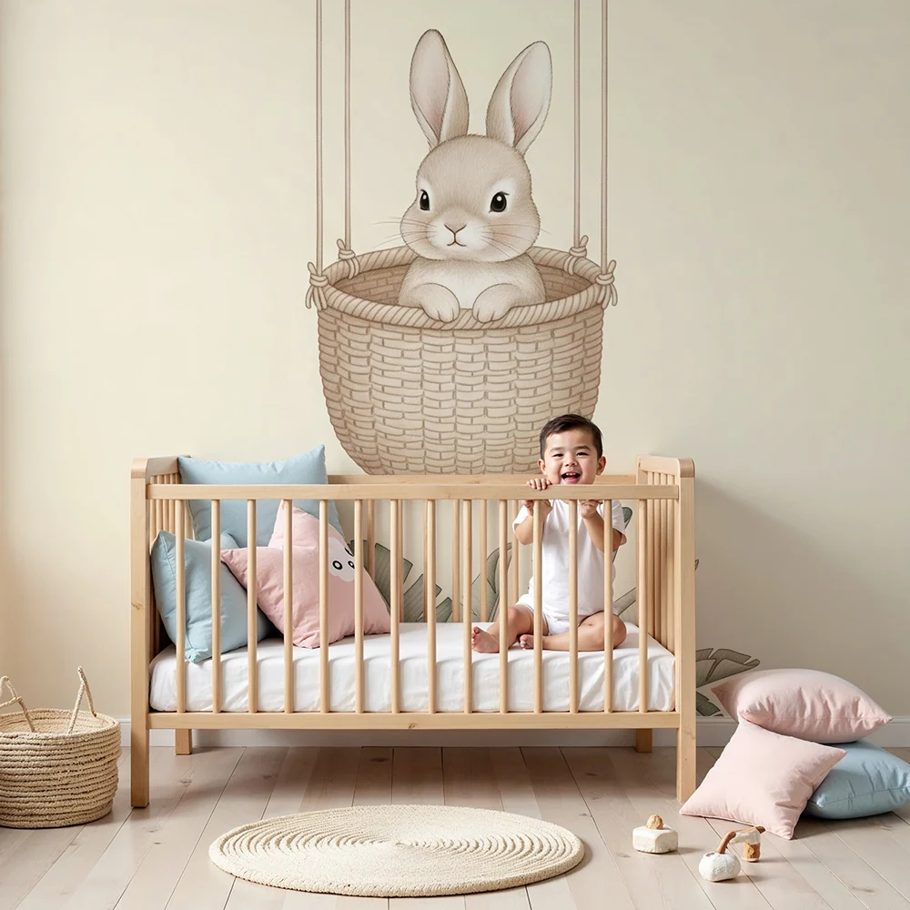 Papier de parede quarto bebê | Nyuszi egy függő kosárban