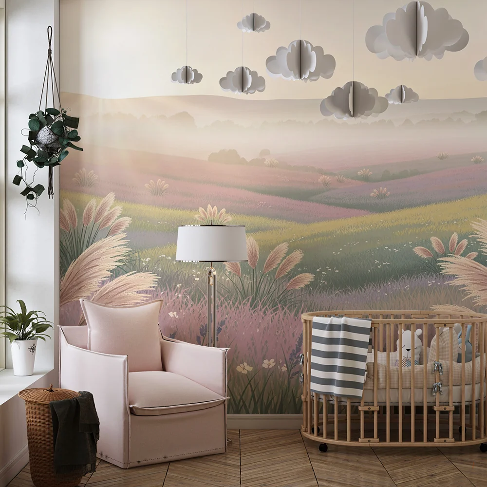 Papier de parede quarto bebê | Pasztell virágmező napfelkeltekor