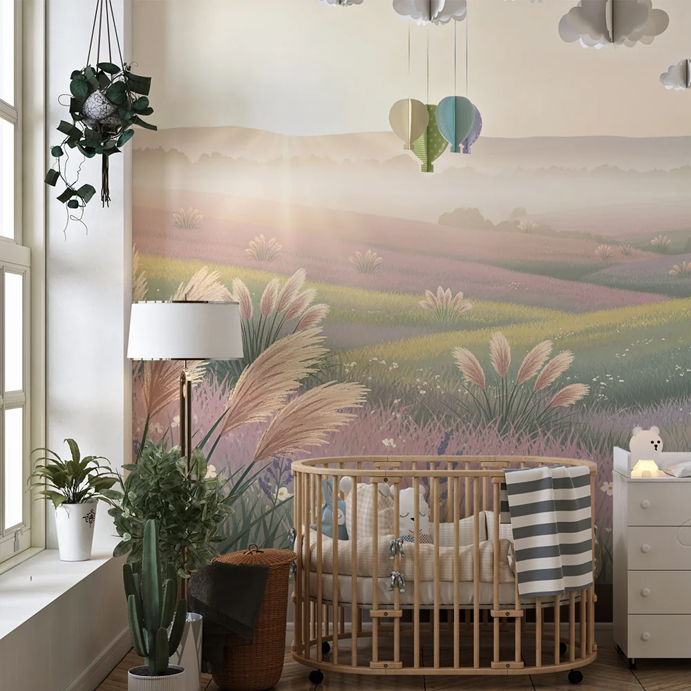Papier de parede quarto bebê | Pasztell virágmező napfelkeltekor