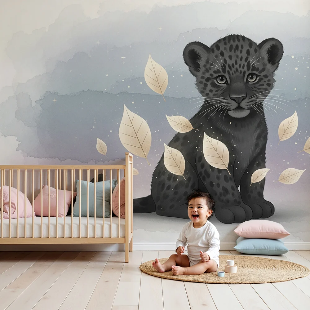 Papier de parede quarto bebê | Pequena onç e folhas douradas