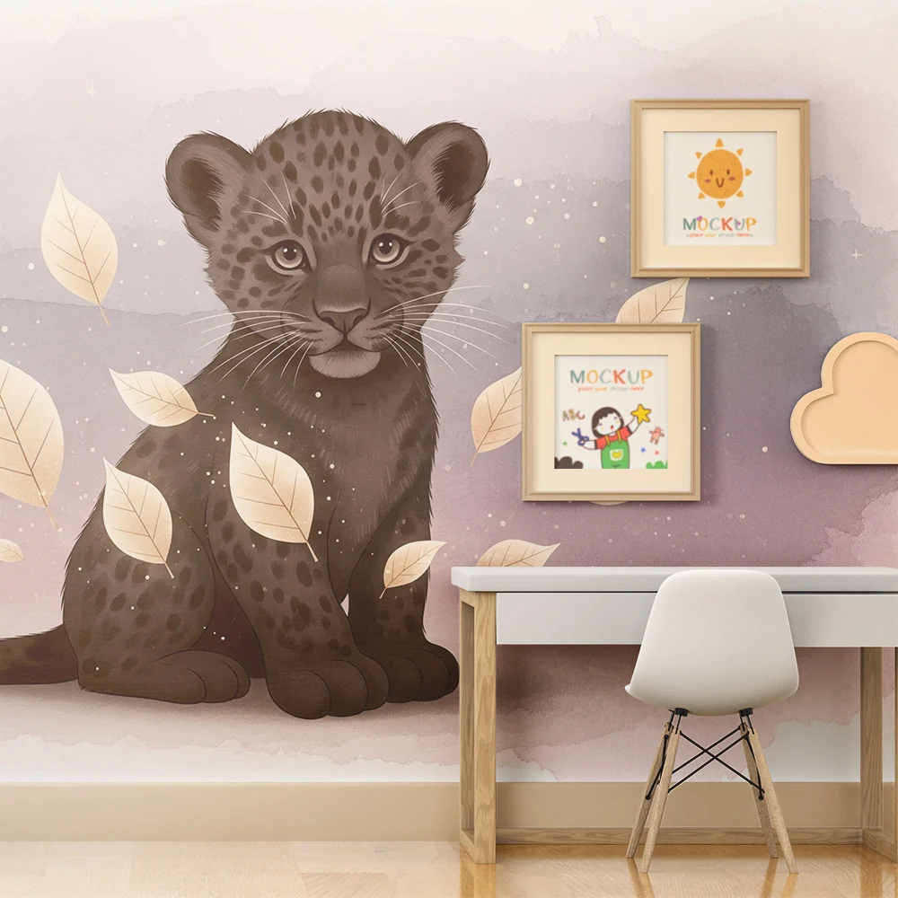 Papier de parede quarto bebê | Pequena onç e folhas douradas