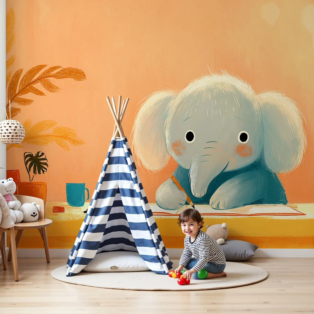 Papier de parede quarto bebê | Pequeno elefante criativo em sua mesa