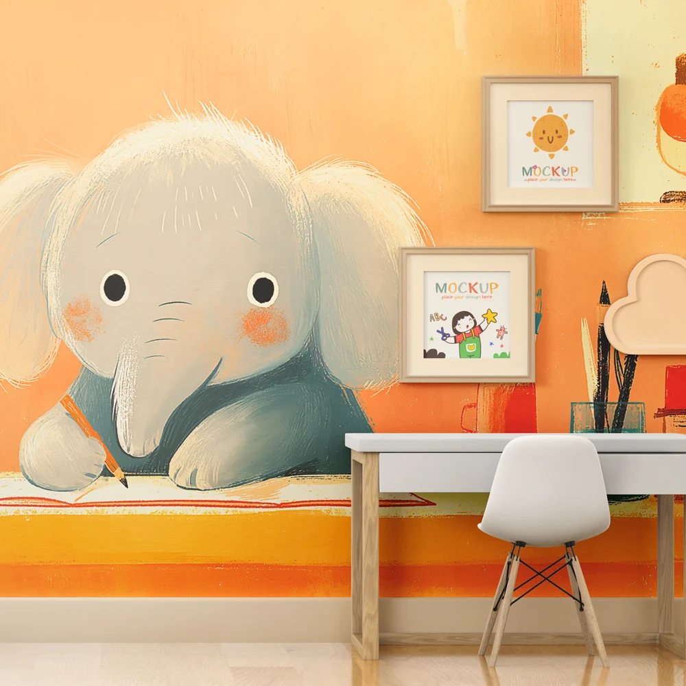 Papier de parede quarto bebê | Pequeno elefante criativo em sua mesa