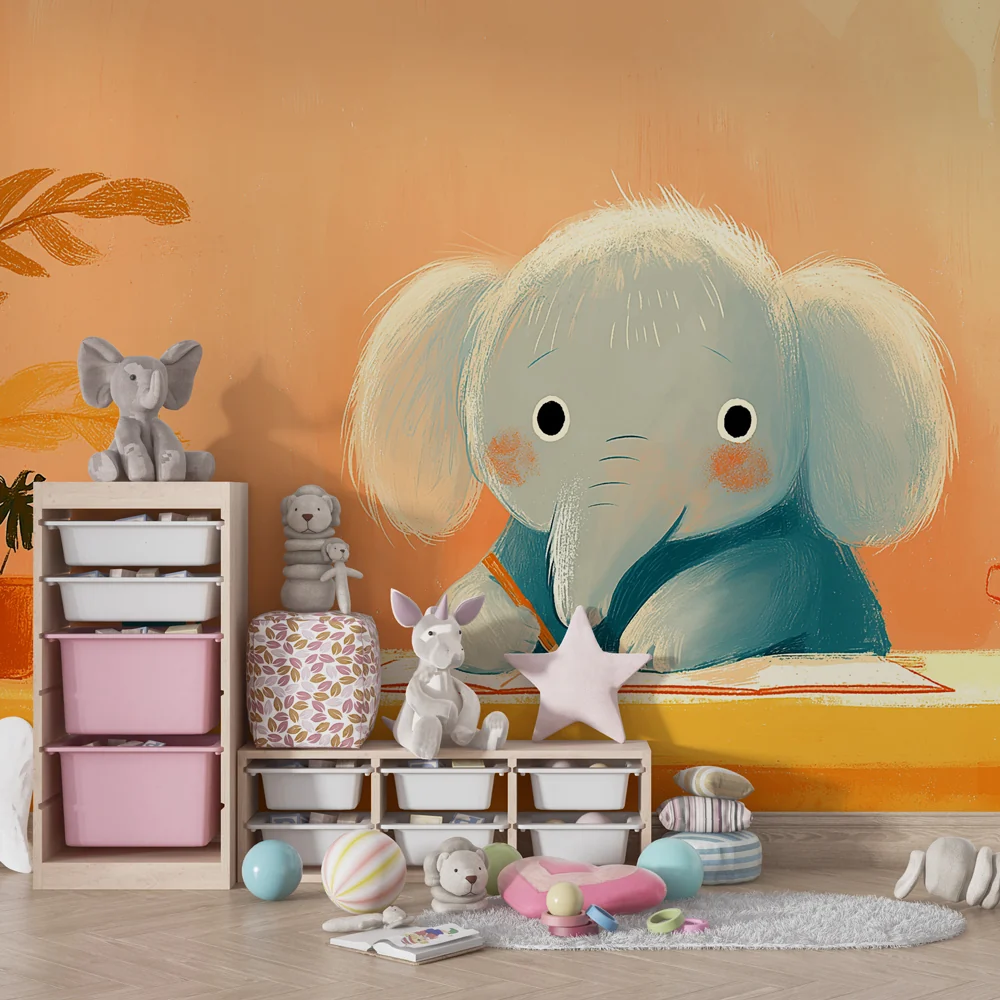 Papier de parede quarto bebê | Pequeno elefante criativo em sua mesa