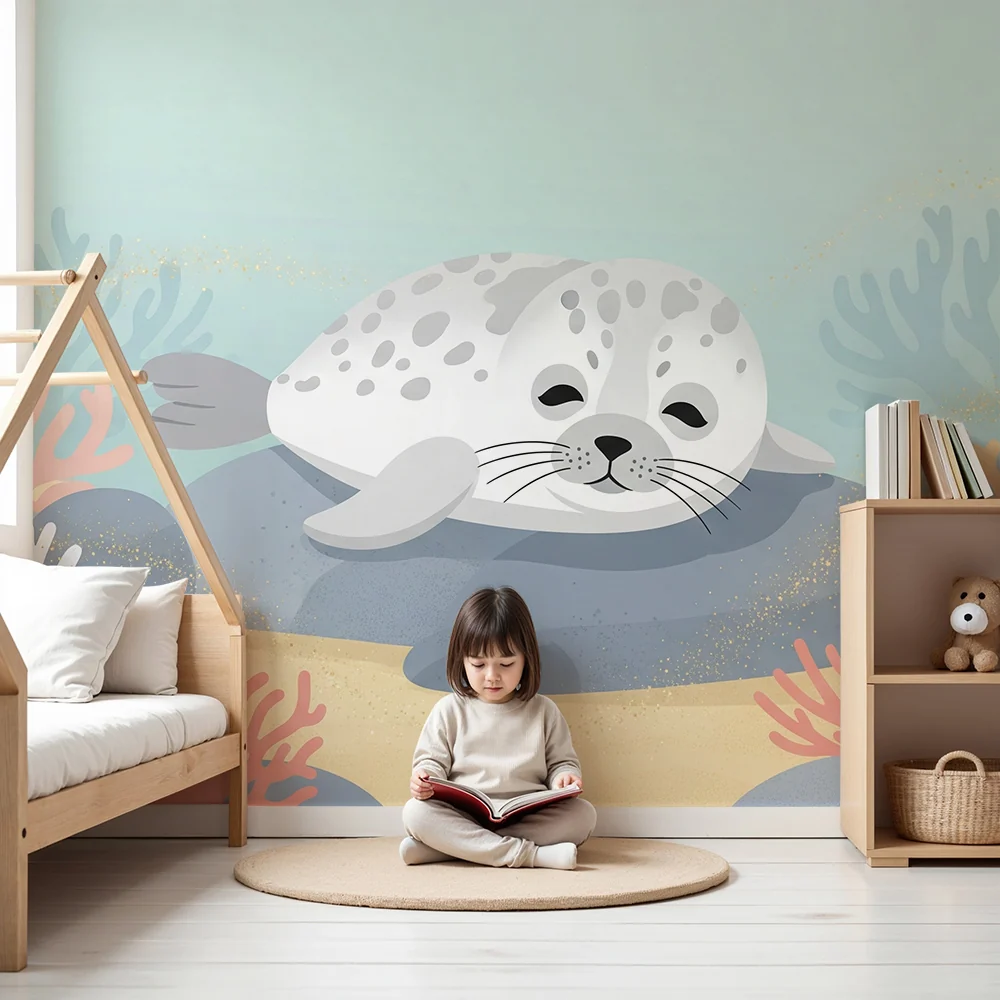 Papier de parede bébé szoba | Aranyos fóka színes korall közepén