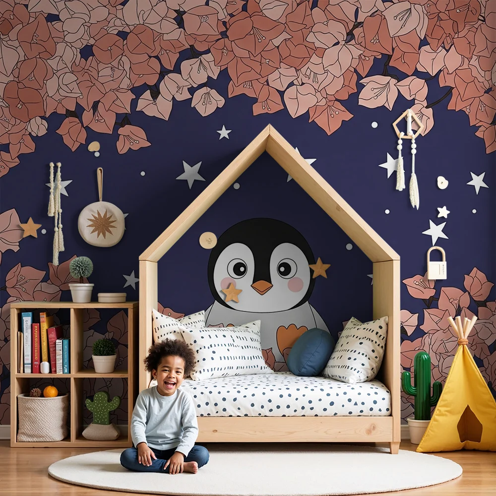 Papier de bébé pingouin mignon alatt csillagos égbolt