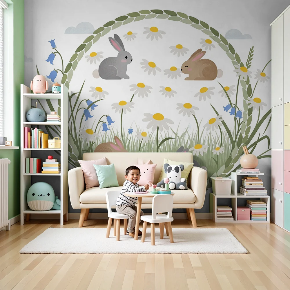 Papier de bébé pour chambre | Aranyos nyulak egy mezőn vadon növő virágok között