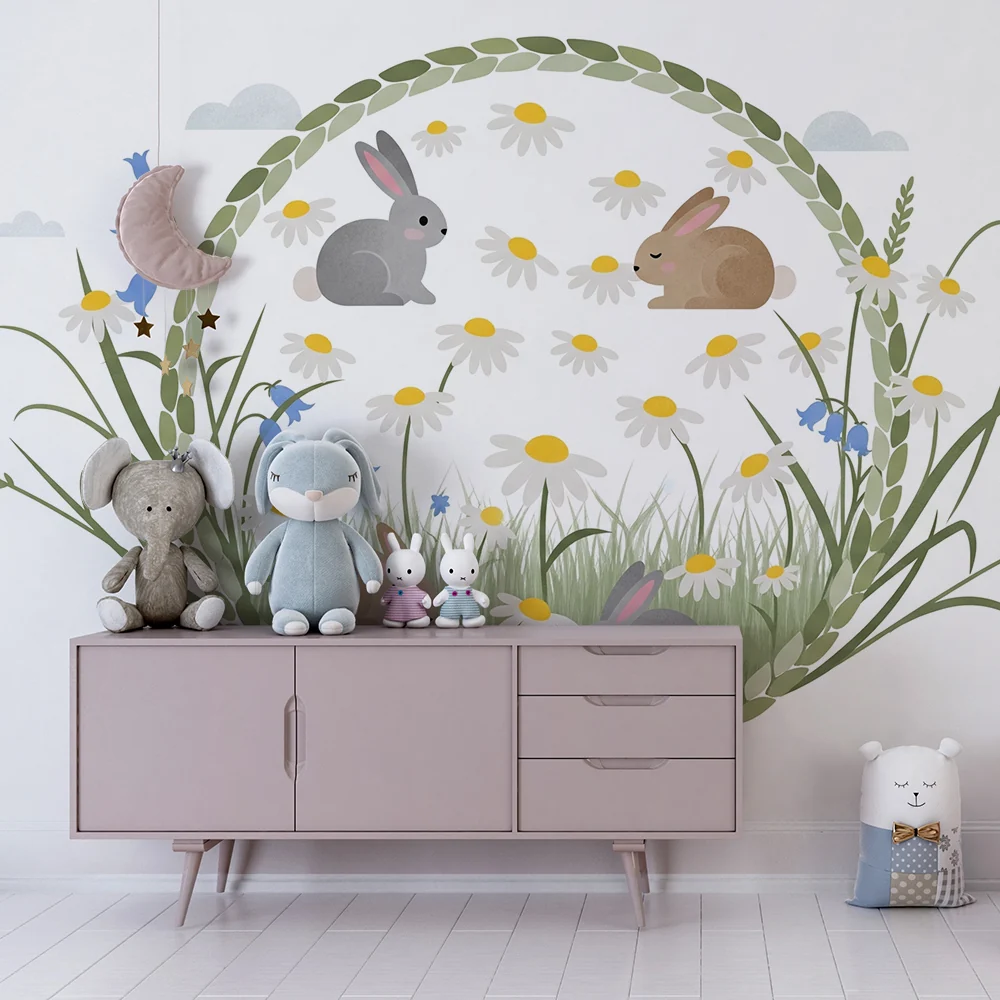 Papier de bébé pour chambre | Aranyos nyulak egy mezőn vadon növő virágok között