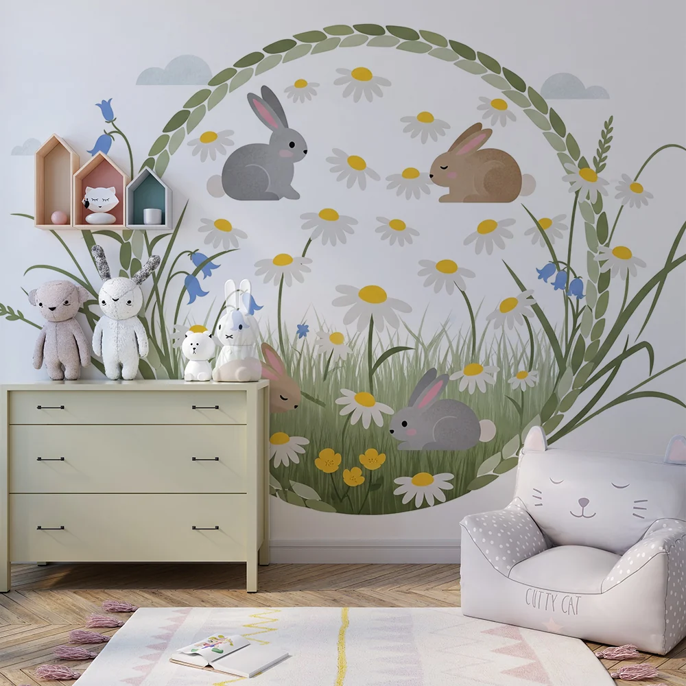 Papier de bébé pour chambre | Aranyos nyulak egy mezőn vadon növő virágok között