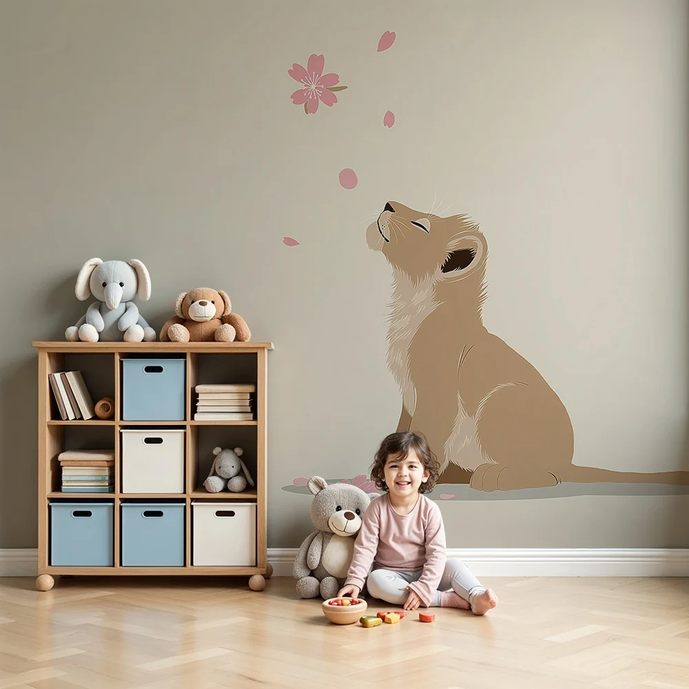 Papier de bébé szoba | Kismacska és rózsaszín virág szirmok