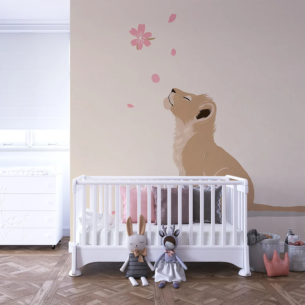 Papier de bébé szoba | Kismacska és rózsaszín virág szirmok
