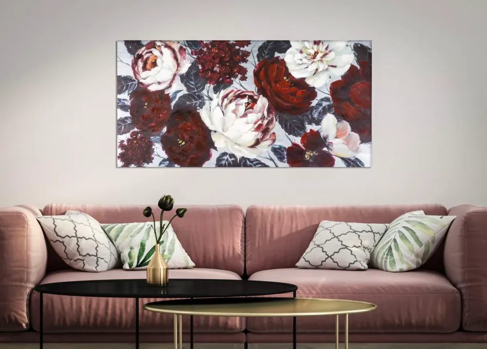 Sötét Hátteres Virágos Falikép – Vörös és Fehér Peóniák, Vászonkép 120×60 cm