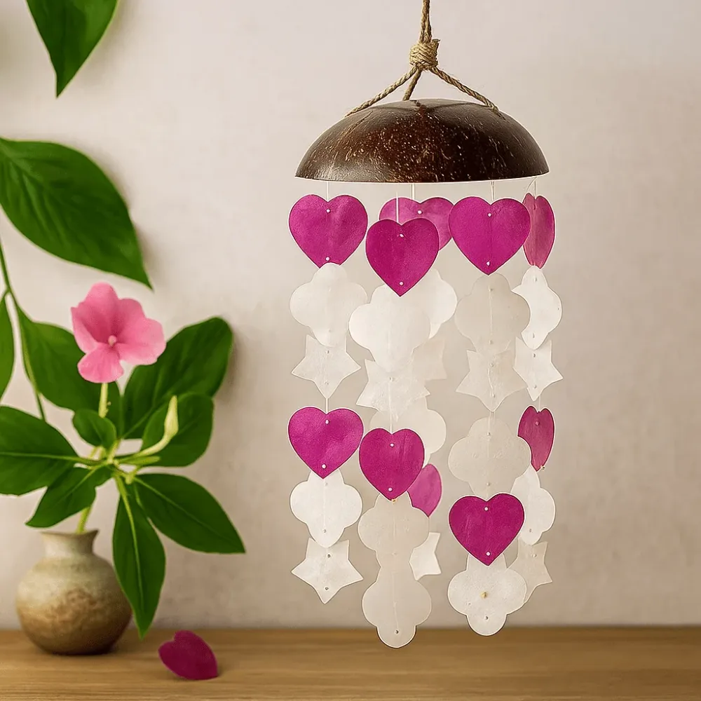 Szélcsengő kókusz és Capiz rózsaszín fehér 35cm
