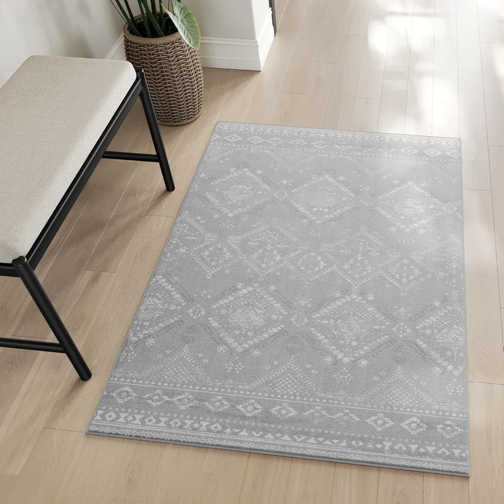 Szőnyeg, 80 x 150 cm-es hálószoba szőnyeg, mosógépben mosható, boho stílusú, szürke