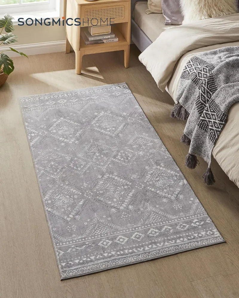 Szőnyeg, 80 x 150 cm-es hálószoba szőnyeg, mosógépben mosható, boho stílusú, szürke