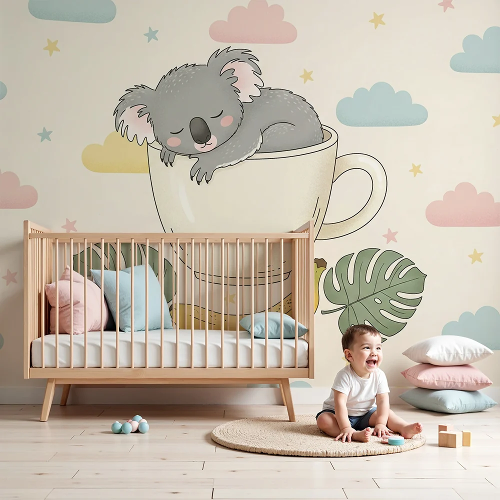 Tapéta baba szobába | Alvó koala egy csészében