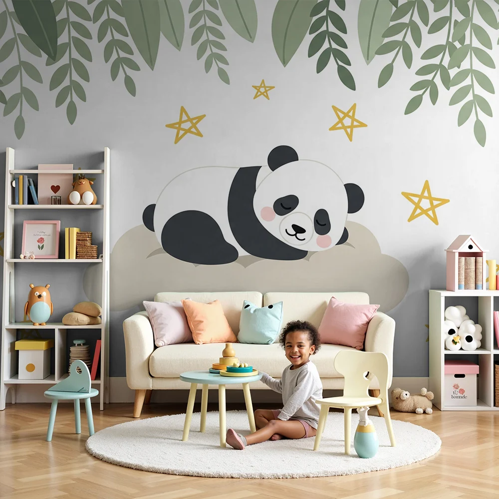 Tapéta baba szobába | Alvó panda egy csillagos felhőn