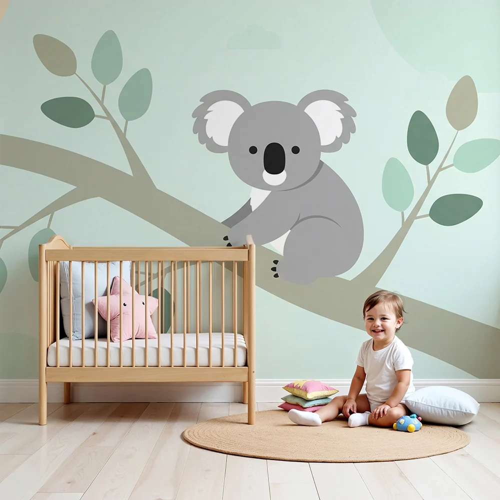 Tapéta baba szobába | Aranyos koala ágakon puha lombozattal