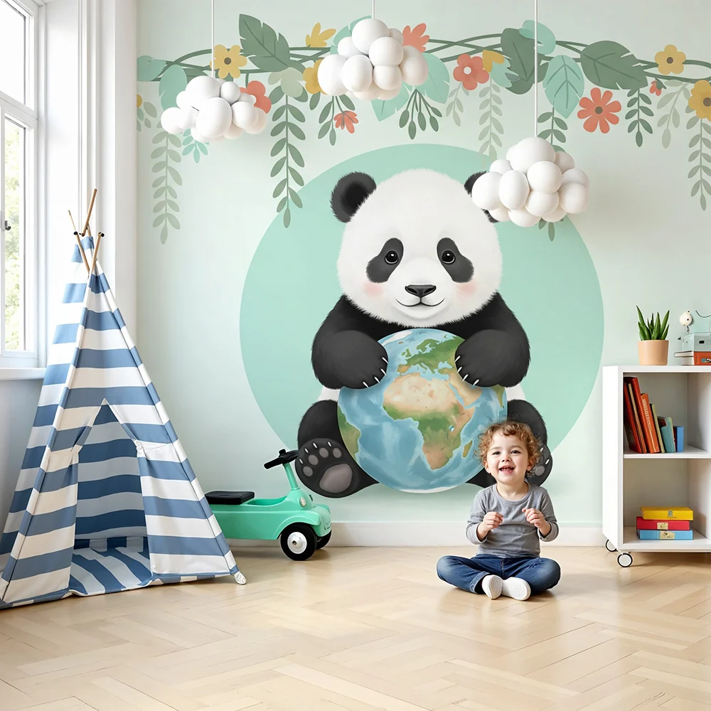 Tapéta baba szobába | Aranyos panda, aki virágokkal körülvett földgömböt tartja