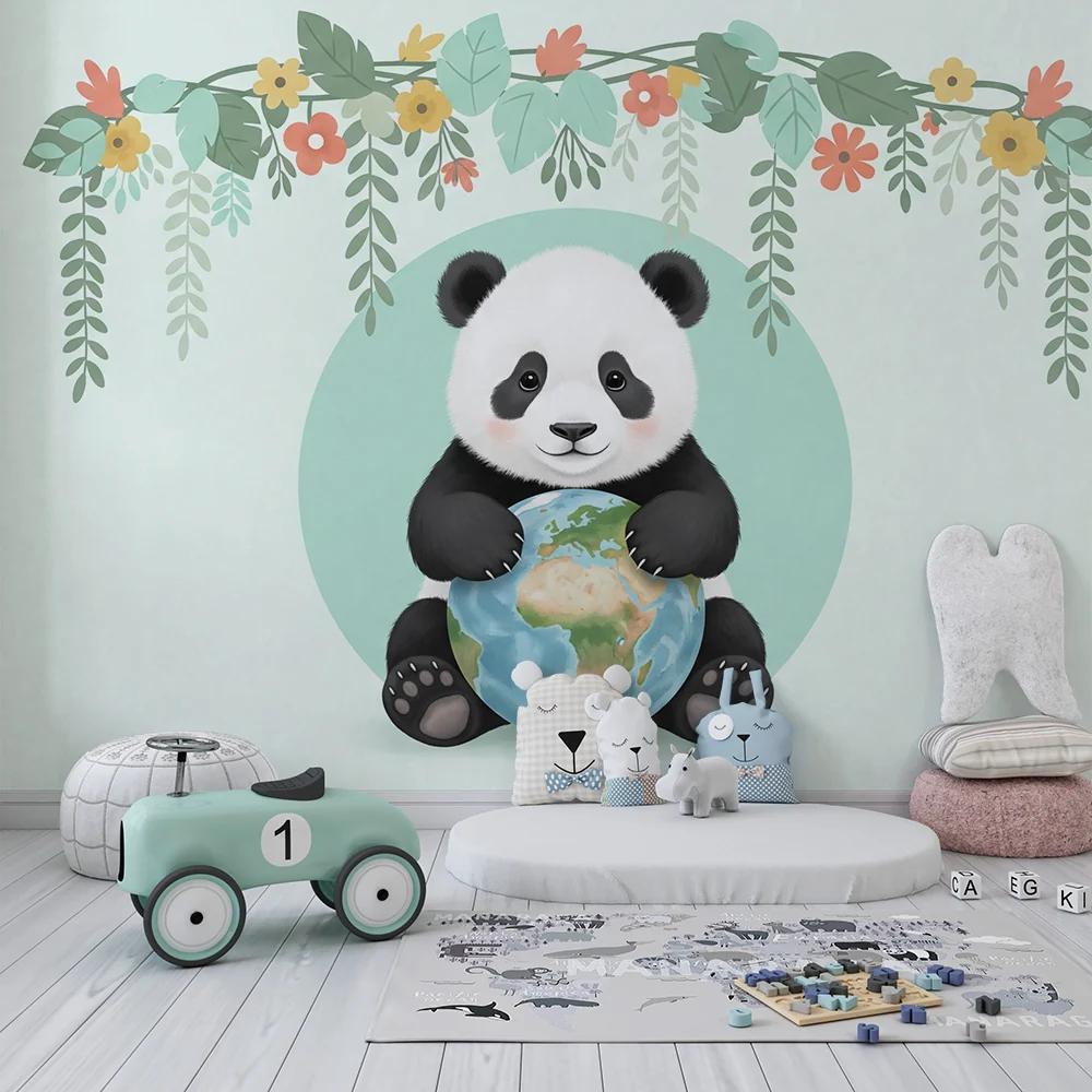 Tapéta baba szobába | Aranyos panda, aki virágokkal körülvett földgömböt tartja