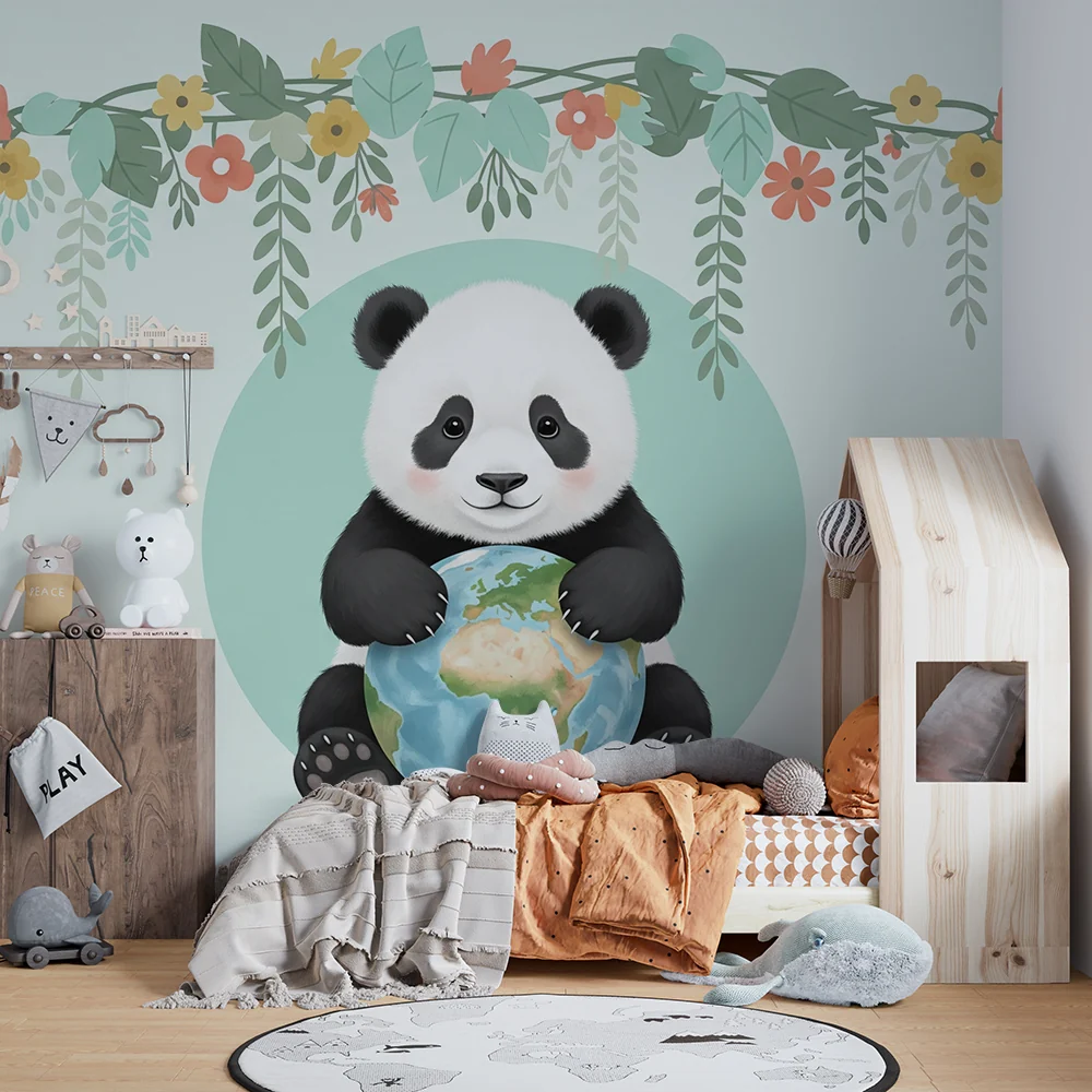 Tapéta baba szobába | Aranyos panda, aki virágokkal körülvett földgömböt tartja