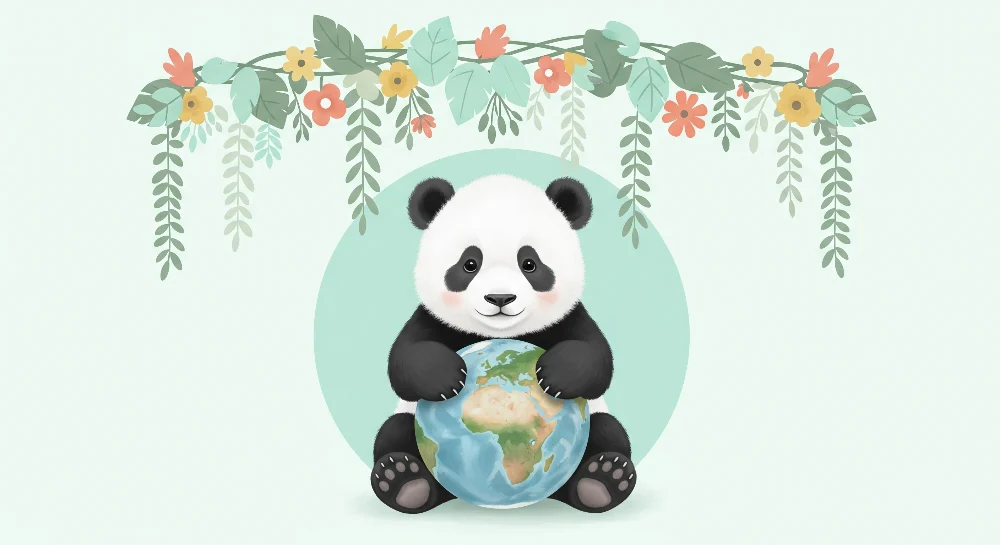 Tapéta baba szobába | Aranyos panda, aki virágokkal körülvett földgömböt tartja