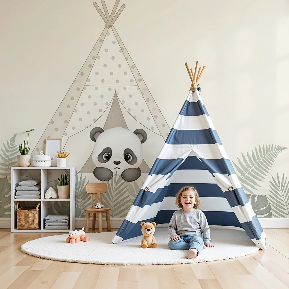 Tapéta baba szobába | Aranyos panda sátorban