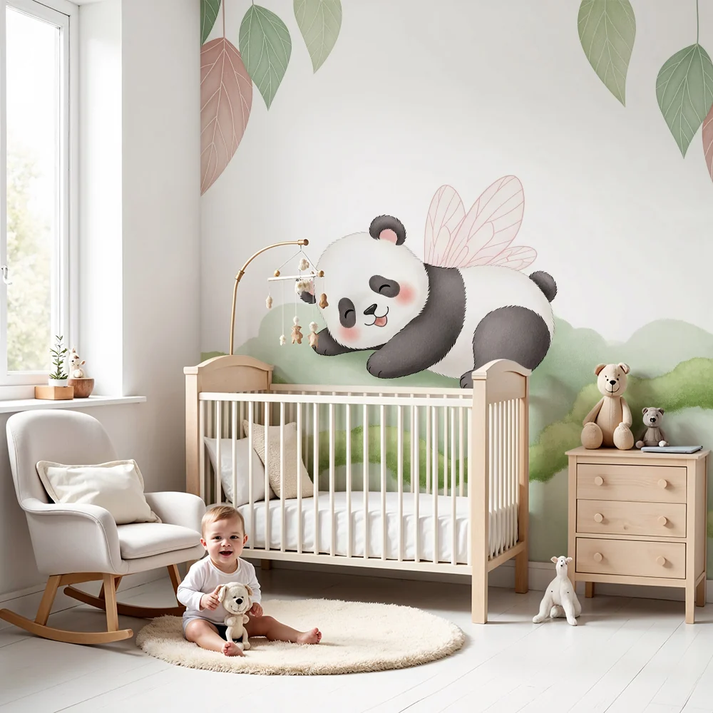 Tapéta baba szobába | Aranyos panda szárnyakkal zöld felhőn