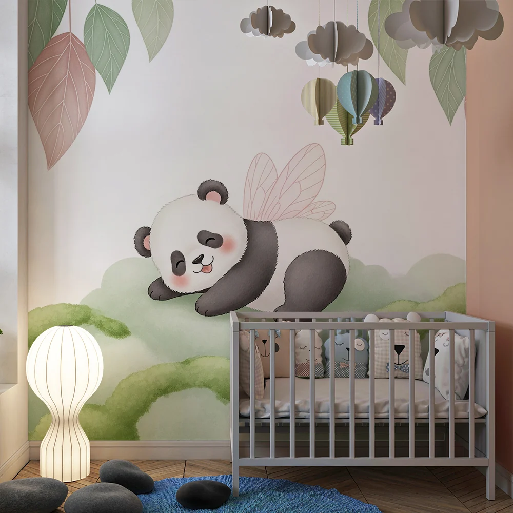 Tapéta baba szobába | Aranyos panda szárnyakkal zöld felhőn