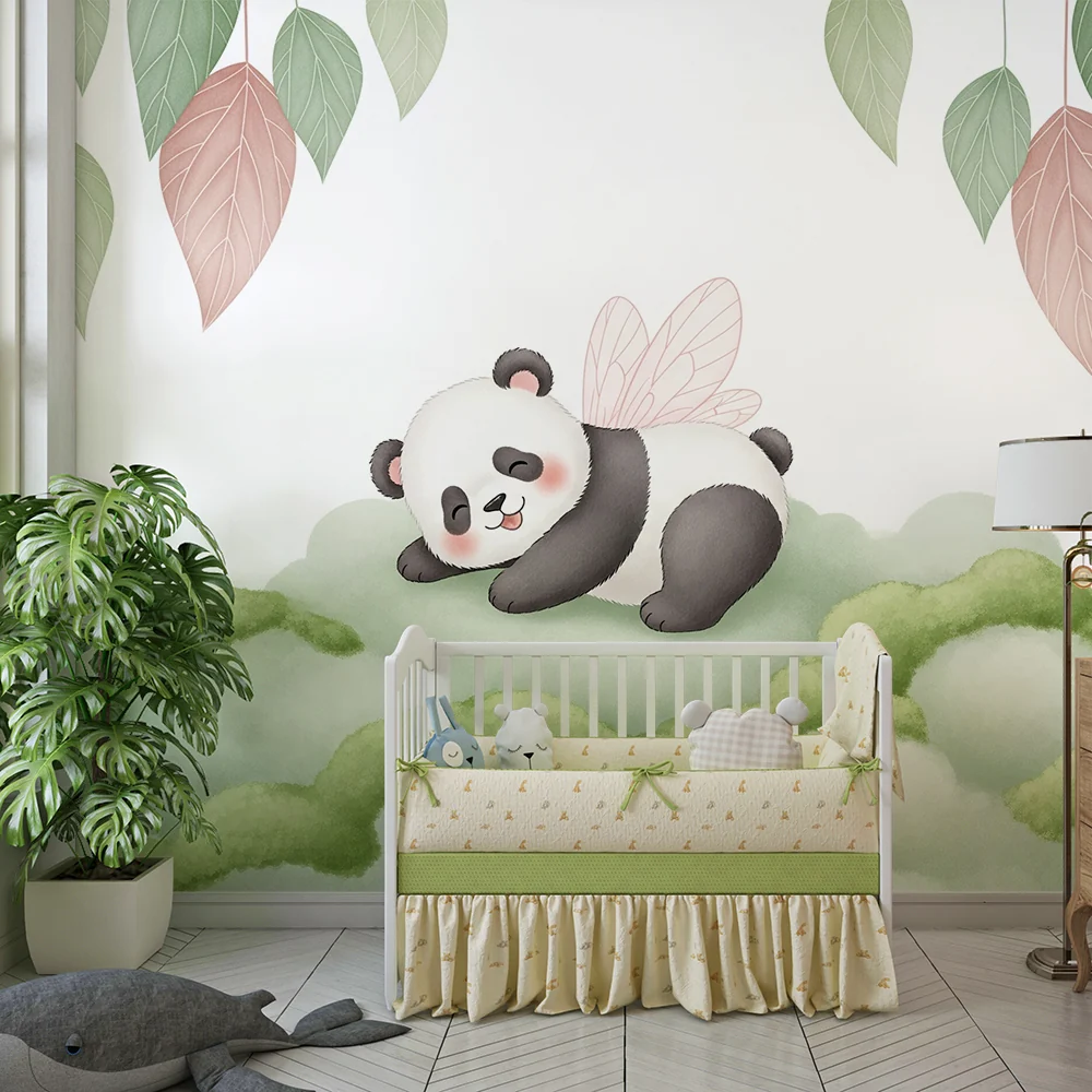 Tapéta baba szobába | Aranyos panda szárnyakkal zöld felhőn