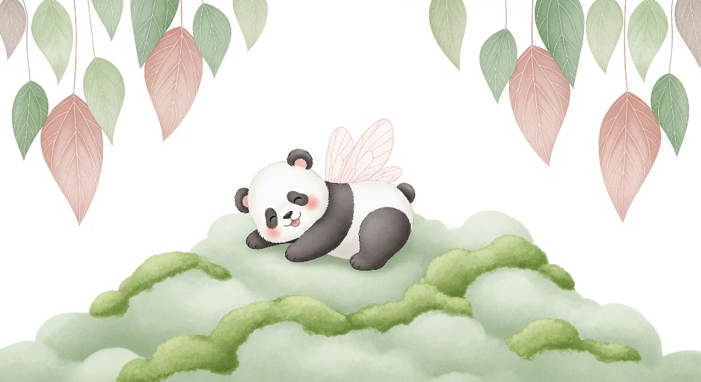 Tapéta baba szobába | Aranyos panda szárnyakkal zöld felhőn