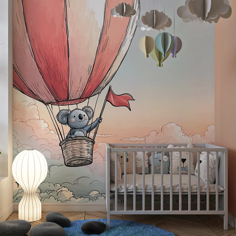 Tapéta baba szobába | Koala egy hőlégballonban felhők felett