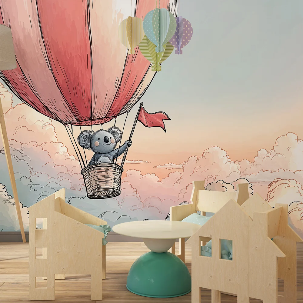 Tapéta baba szobába | Koala egy hőlégballonban felhők felett