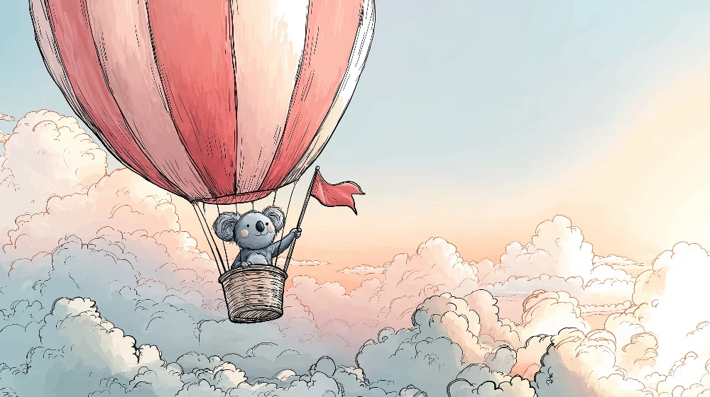 Tapéta baba szobába | Koala egy hőlégballonban felhők felett