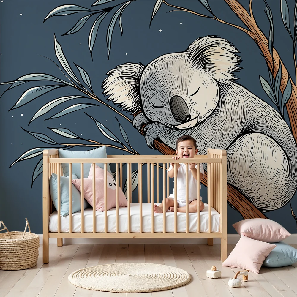 Tapéta baba szobába | Álmos koala az ág alatt csillagos égbolt alatt