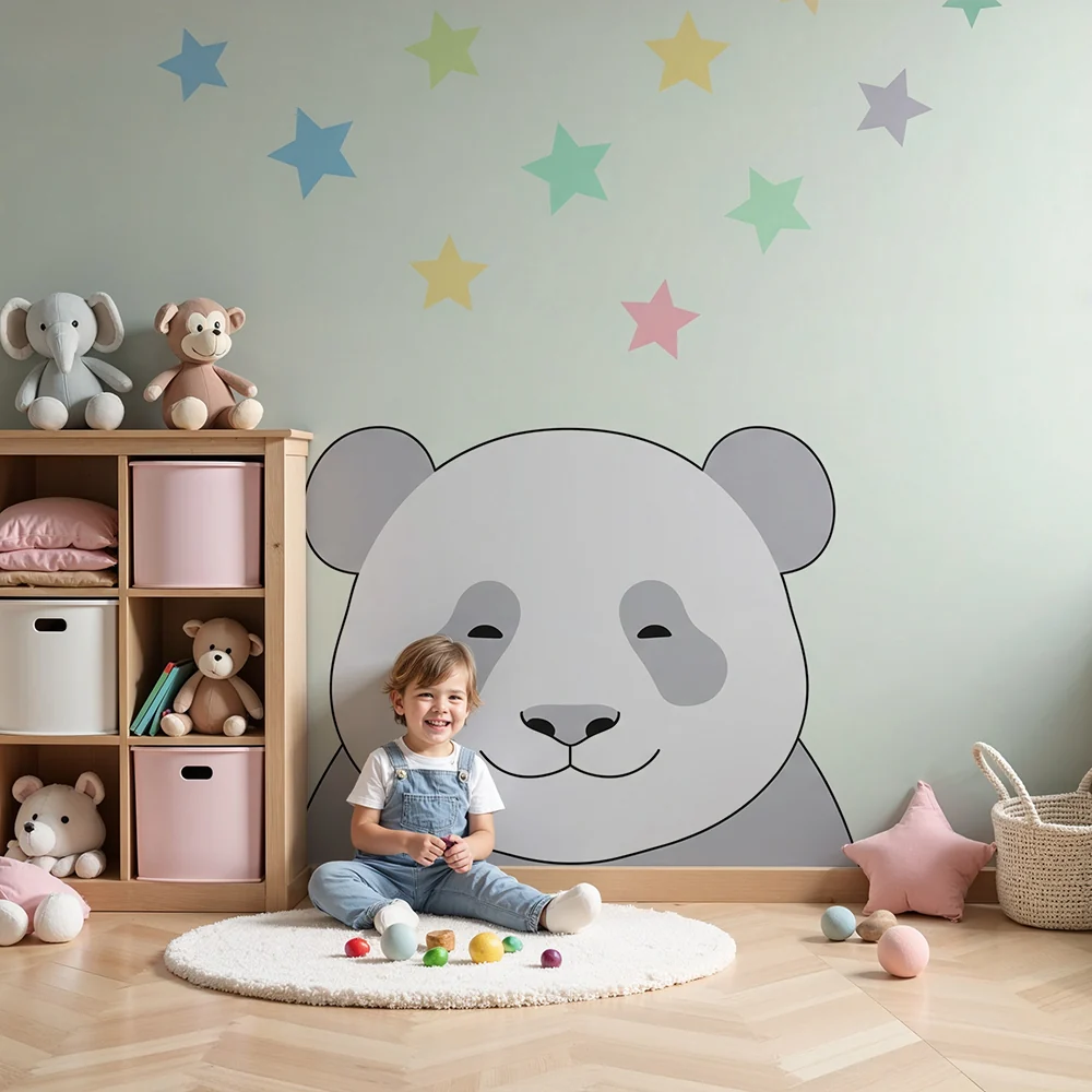 Tapéta baba szobába | Mosolygó panda pasztell csillagokkal