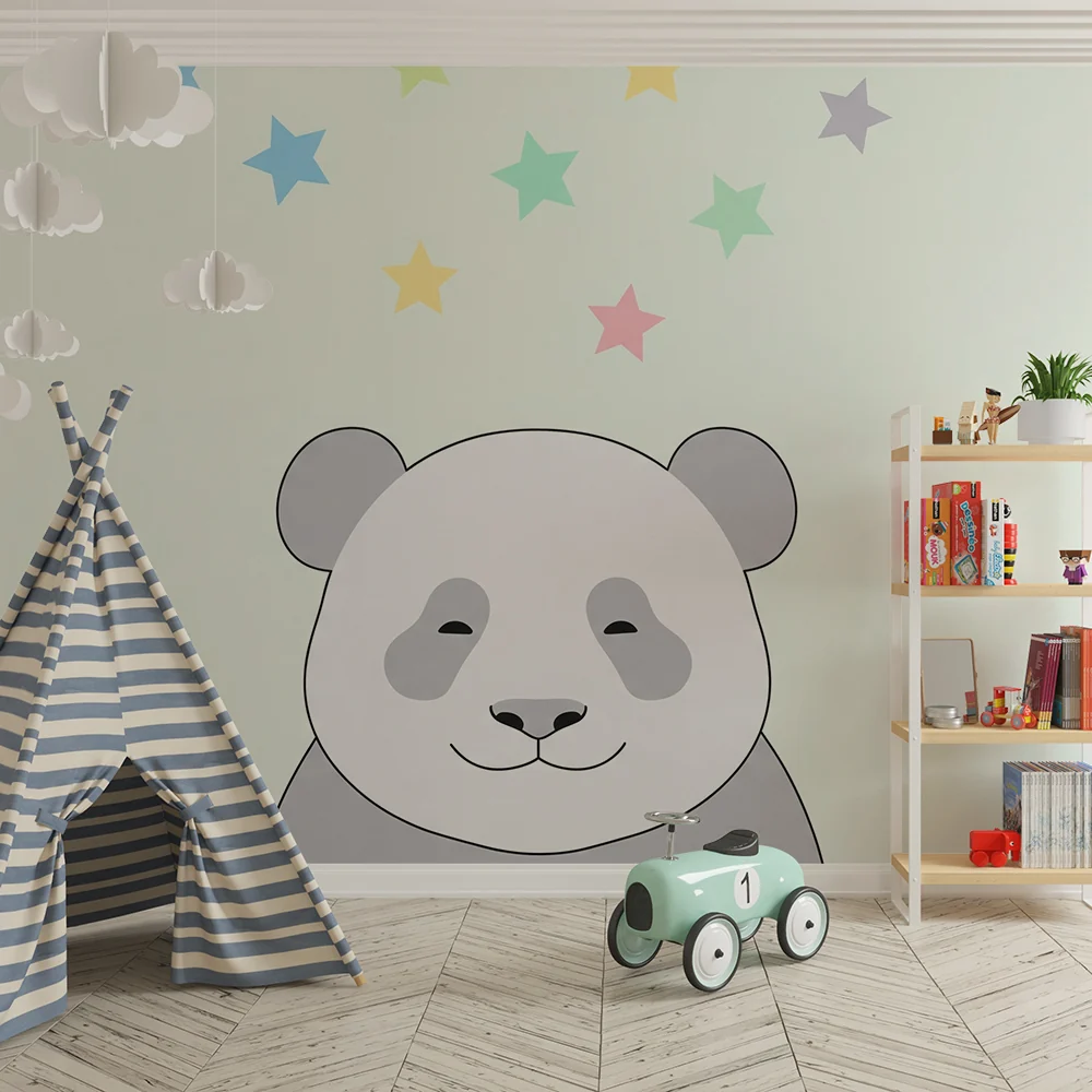 Tapéta baba szobába | Mosolygó panda pasztell csillagokkal