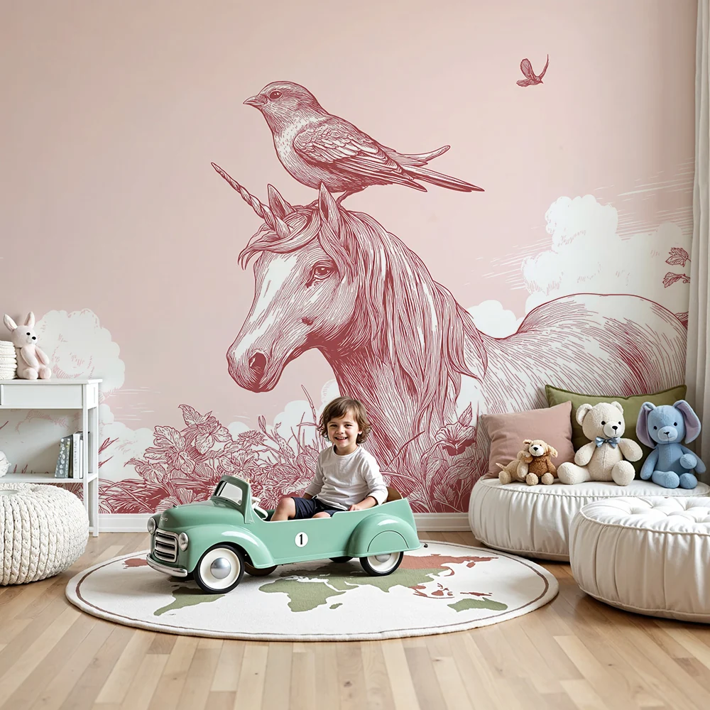 Tapéta baba szobába | Nagyra nőtt unikornis egy madárral fején virágos tájban